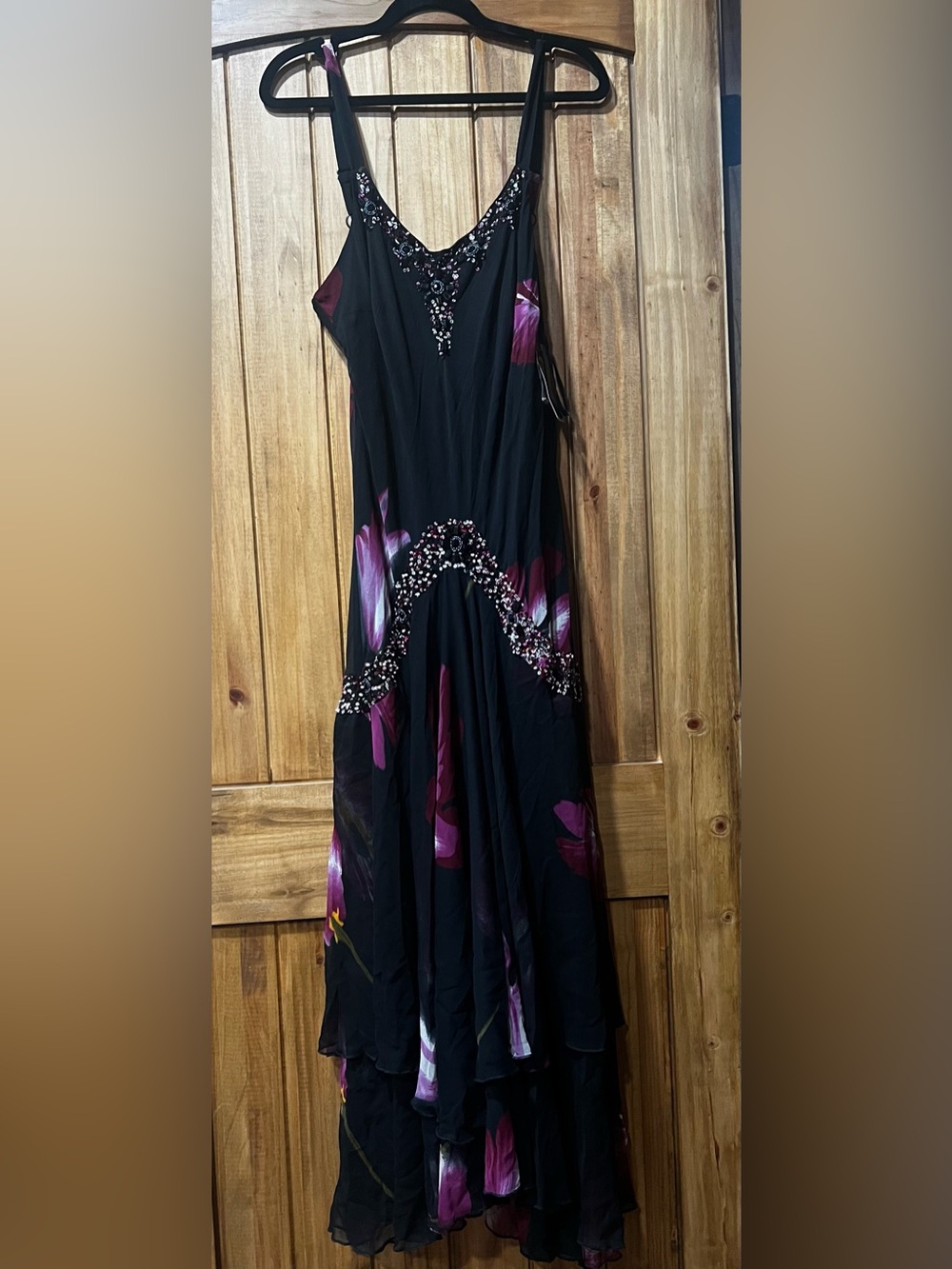 Midnight Velvet Black Maxi Dress with Purple Accents, Beaded NWT